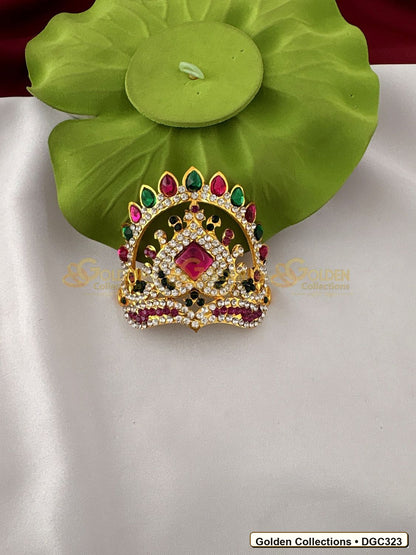 Front view of Small Arch Deity Crown Mukut with Pink Center Stone 2.5 x 3.5 x 2.75 inches DGC323 from Golden Collections