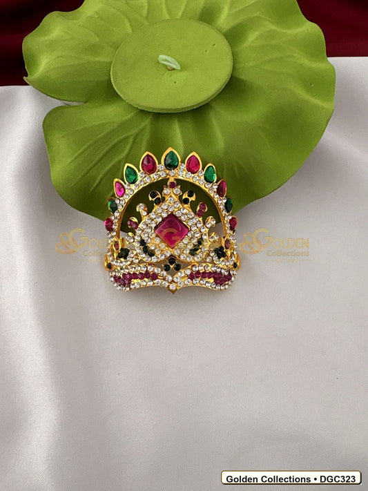 Front view of Small Arch Deity Crown Mukut with Pink Center Stone 2.5 x 3.5 x 2.75 inches DGC323 from Golden Collections
