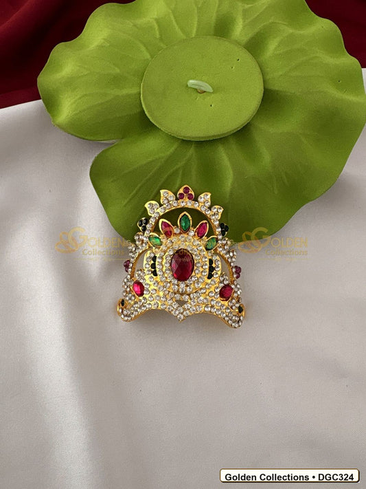Front view of Small Floral Arch Deity Crown Mukut Pink Green Stones 2.5 x 3.75 x 2.5 inches DGC324 from Golden Collections