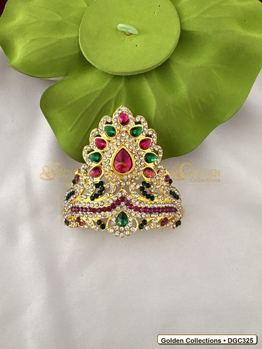 Front view of Small Triangle Deity Crown Kireedam Pink Green Stones 3 x 4.25 x 3 inches DGC325 from Golden Collections