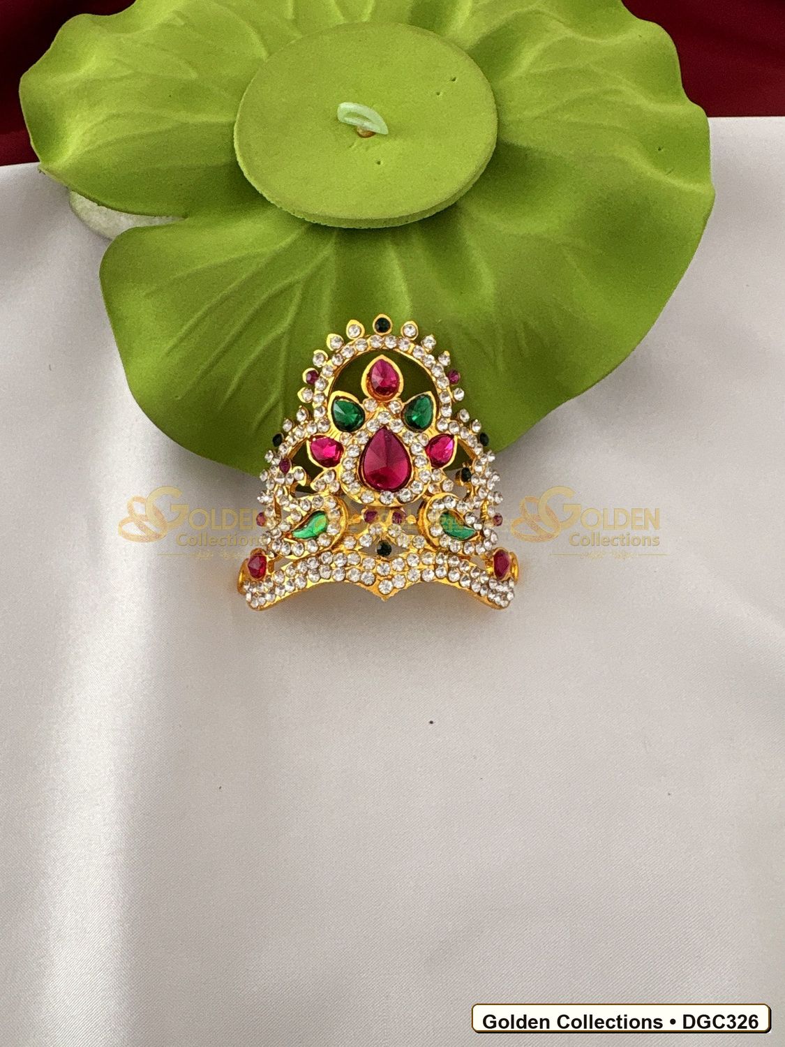 Front view of Small Lotus Arch Deity Crown Mukut Pink Green Stones 2.5 x 4 x 2.5 inches DGC326 from Golden Collections