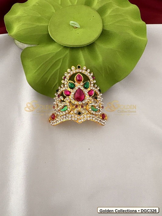 Front view of Small Lotus Arch Deity Crown Mukut Pink Green Stones 2.5 x 4 x 2.5 inches DGC326 from Golden Collections