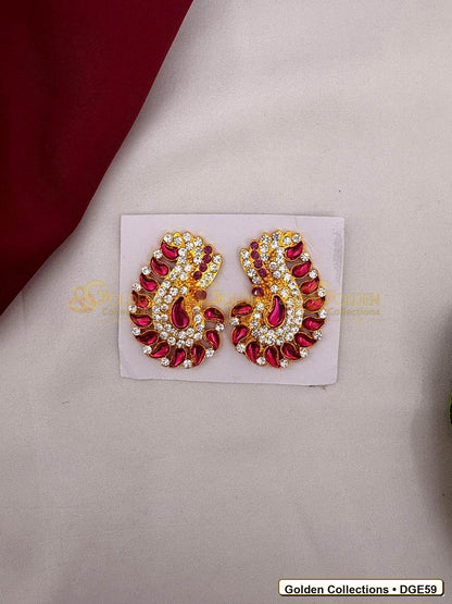 Front view of Karna Pathakam Deity Earrings with Pink Green Stones 2 x 1 inches DGE59 from Golden Collections