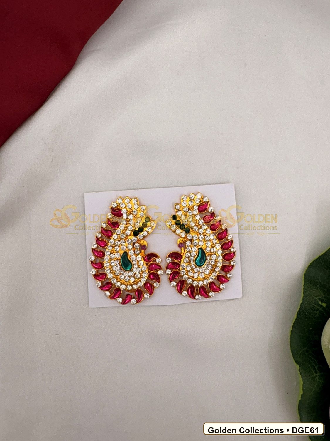 Front view of Karna Pathakam Deity Earrings with Pink Green Stones 2.5 x 1.5 inches DGE61 from Golden Collections