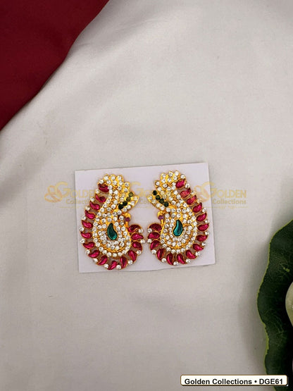Front view of Karna Pathakam Deity Earrings with Pink Green Stones 2.5 x 1.5 inches DGE61 from Golden Collections