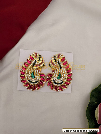 Front view of Karna Pathakam Deity Earrings with Pink Green Stones 3 x 2 inches DGE62 from Golden Collections