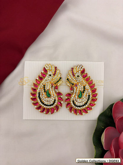 Front view of Karna Pathakam Deity Earrings with Pink Green Stones 3.5 x 2.25 inches DGE63 from Golden Collections