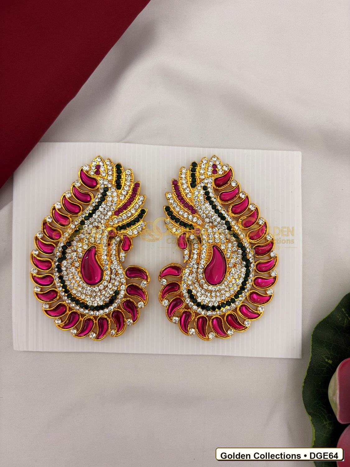 Front view of Karna Pathakam Deity Earrings with Pink Green Stones 4.5 x 3 inches DGE64 from Golden Collections