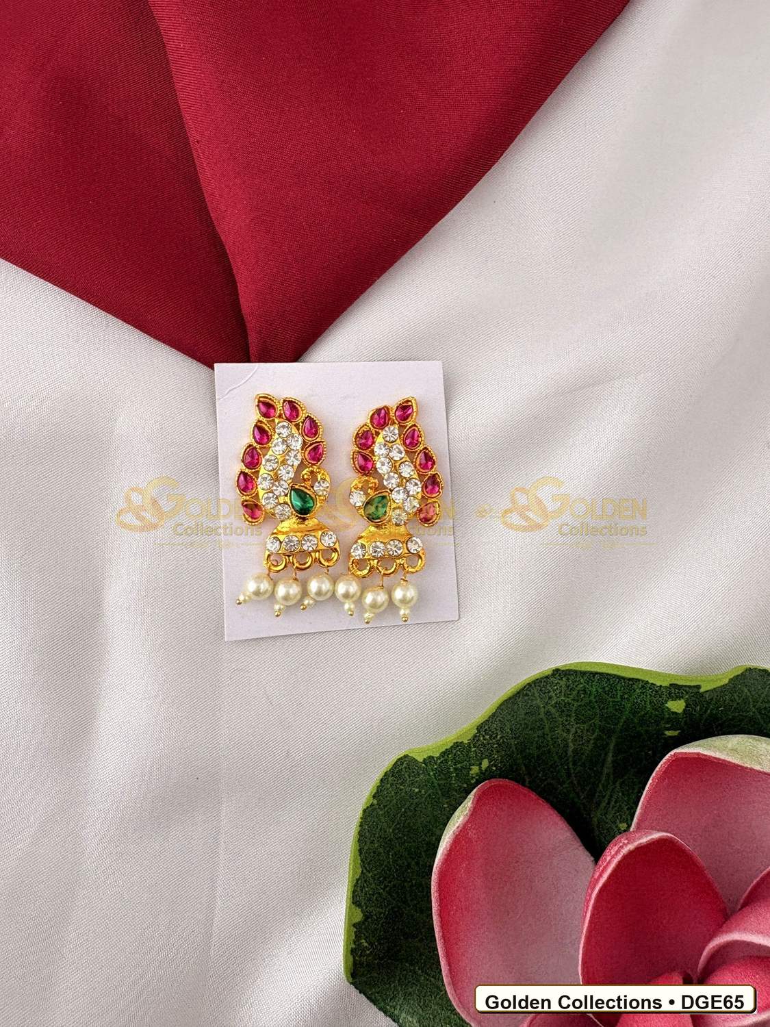 Front view of Karna Pathakam Deity Earrings with Pearl Drops 1.5 x 0.75 inches DGE65 from Golden Collections