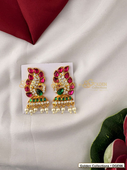 Front view of Karna Pathakam Deity Earrings with Pearl Drops 2.5 x 1 inches DGE66 from Golden Collections