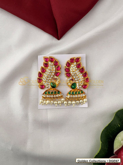 Front view of Karna Pathakam Deity Earrings with Pearl Drops 3 x 1.25 inches DGE67 from Golden Collections