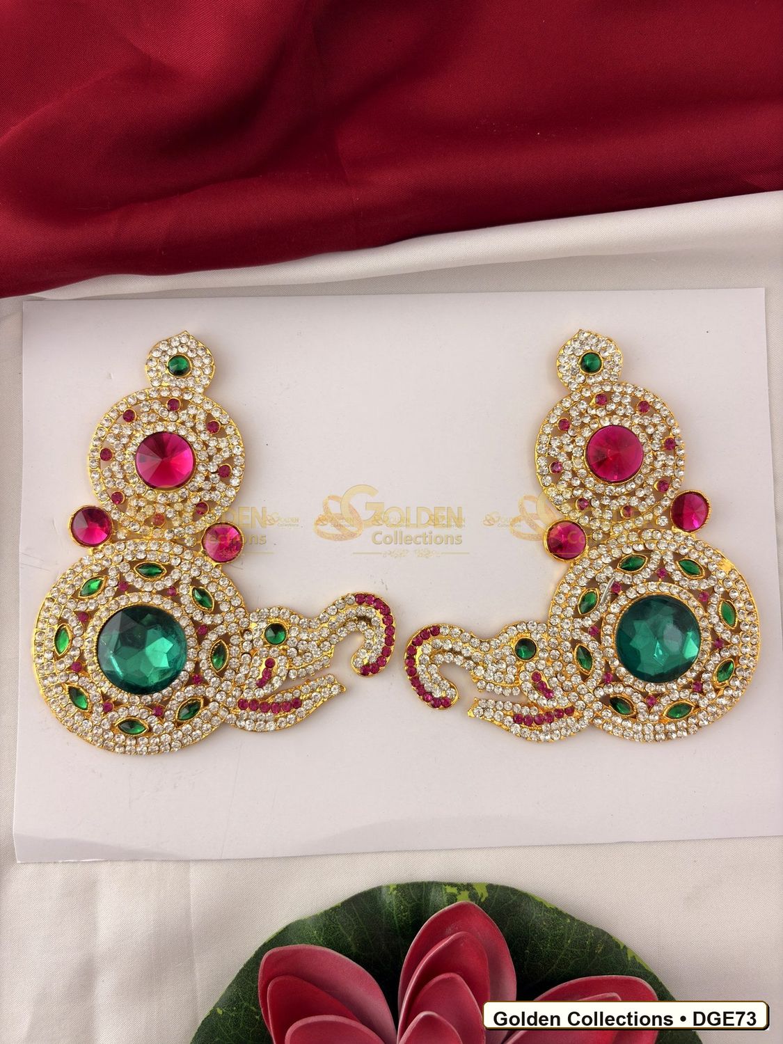 Front view of Ornamental Deity Earrings for Idol Alankaram 5.25 x 4.5 inches DGE73 from Golden Collections