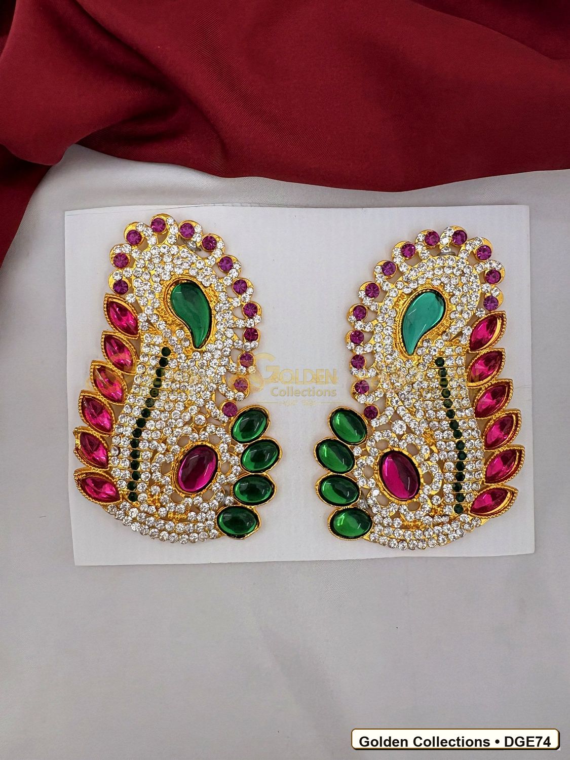 Front view of Large Karna Pathakam Deity Earrings Green Pink Stones 4.5 x 2.75 inches DGE74 from Golden Collections