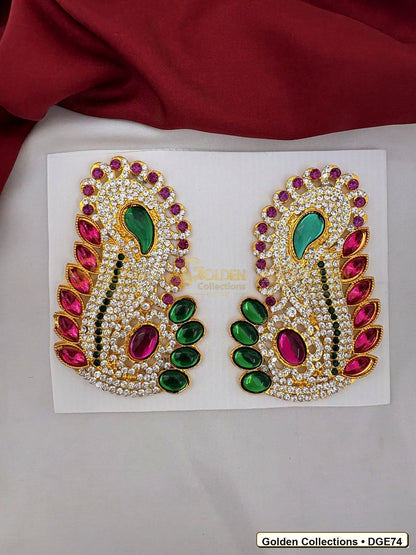 Front view of Large Karna Pathakam Deity Earrings Green Pink Stones 4.5 x 2.75 inches DGE74 from Golden Collections