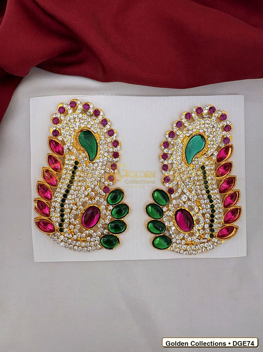 Front view of Large Karna Pathakam Deity Earrings Green Pink Stones 4.5 x 2.75 inches DGE74 from Golden Collections