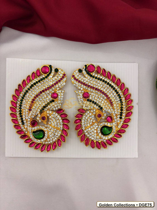 Front view of Large Karna Pathakam Deity Earrings Pink Green Stones 4.5 x 3 inches DGE75 from Golden Collections