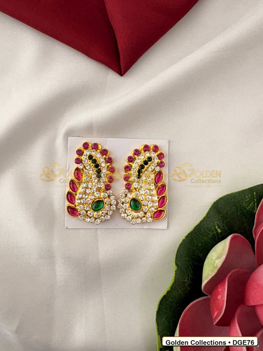 Front view of Small Karna Pathakam Deity Earrings Pink Green Stones 2 x 1 inches DGE76 from Golden Collections