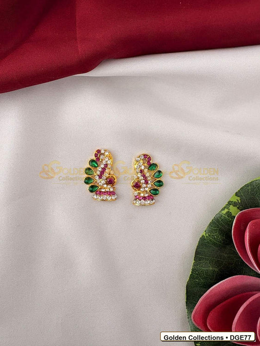 Front view of Tiny Deity Earrings with Green Stones 1 x 0.75 inches DGE77 from Golden Collections