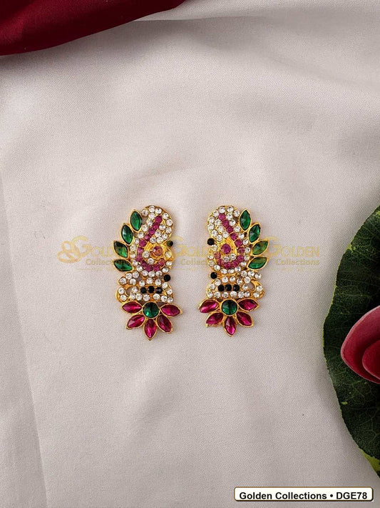 Front view of Small Curved Deity Earrings Green Pink Stones 2 x 1 inches DGE78 from Golden Collections