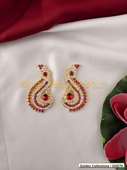 Front view of Karna Pathakam Drop Deity Earrings with Pink Stones 2.5 x 1.5 inches DGE79 from Golden Collections