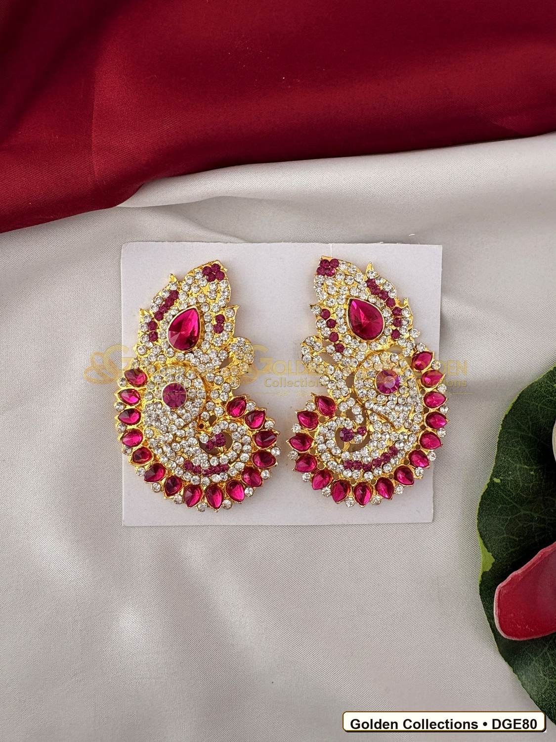 Front view of Ornate Karna Pathakam Deity Earrings Pink Green Stones 3.25 x 2 inches DGE80 from Golden Collections