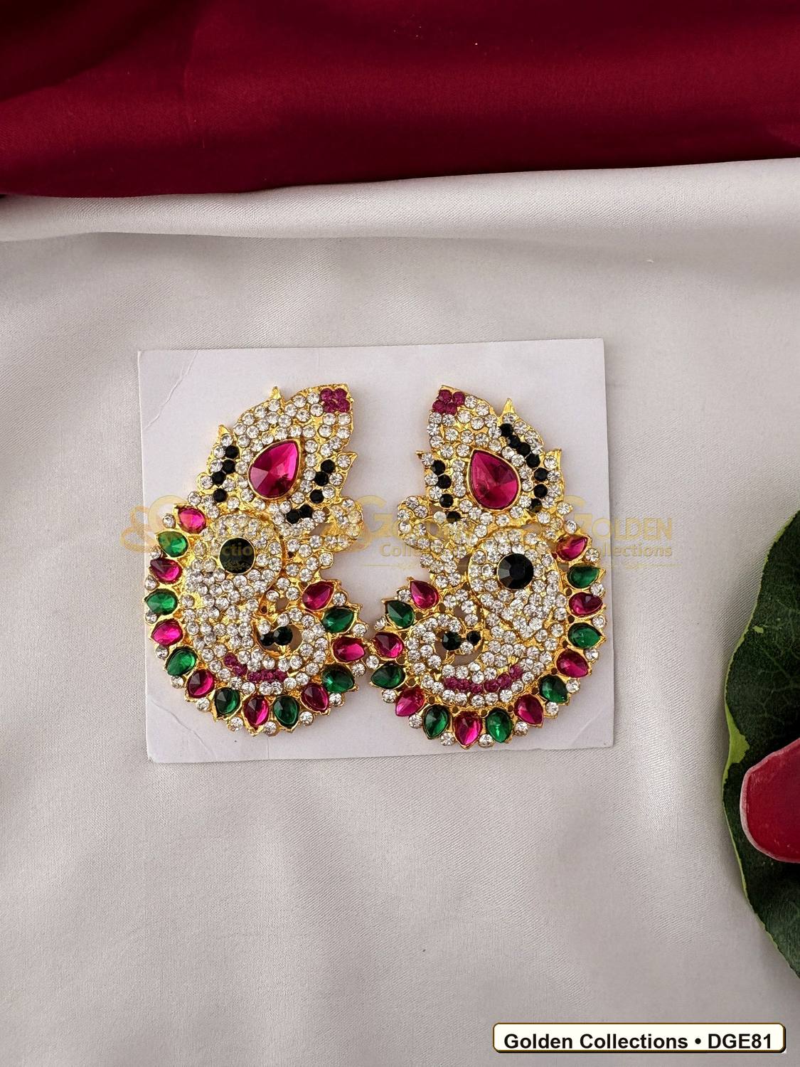 Front view of Ornate Karna Pathakam Deity Earrings Pink Green Stones 3.25 x 2 inches DGE81 from Golden Collections