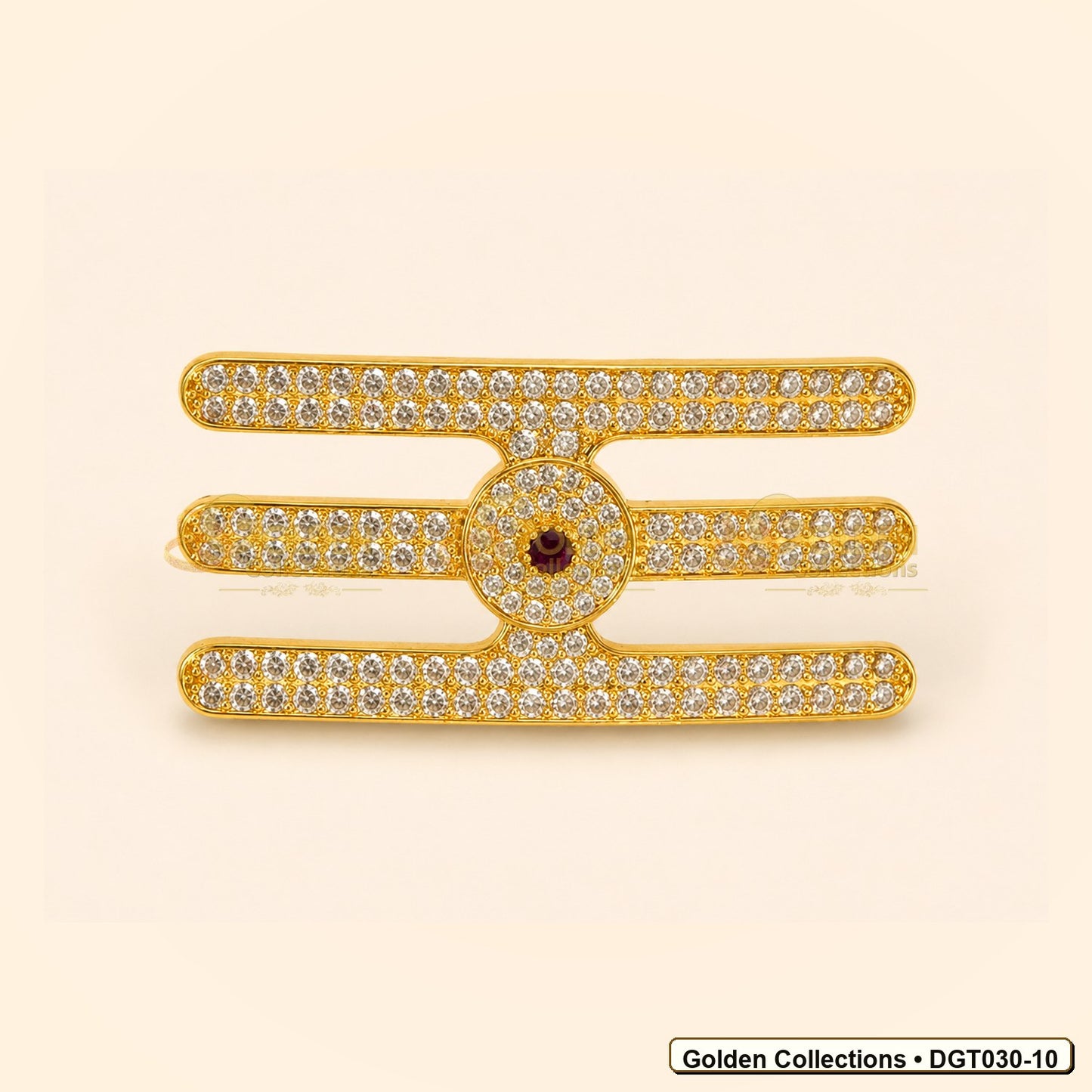 Front view of Shiva Vibhuti Tripund Tilak with CZ Stones for Deity Idols 2.8 x 5.8 cm DGT030-10 from Golden Collections
