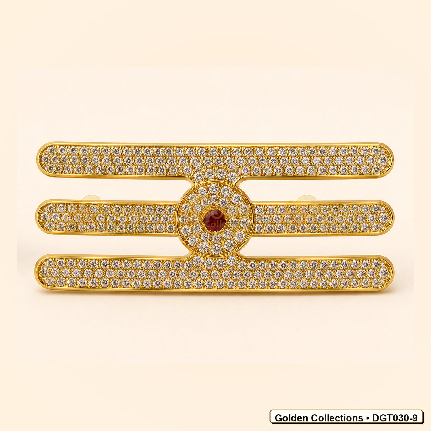 Front view of Shiva Vibhuti Tripund Tilak with CZ Stones for Deity Idols 2.5 x 5.2 cm DGT030-9 from Golden Collections