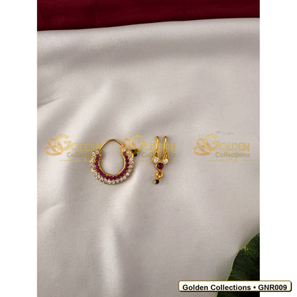 Front view of Stone Nathu Bullaku Nose Ring Set for Goddess Idols 1 Inches GNR009 from Golden Collections