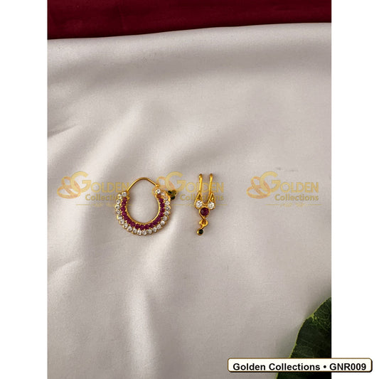 Front view of Stone Nathu Bullaku Nose Ring Set for Goddess Idols 1 Inches GNR009 from Golden Collections