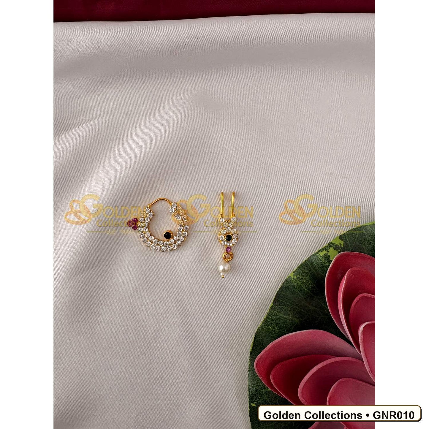 Front view of Stone Nathu Bullaku Nose Ring Set for Goddess Idols 1 Inches GNR010 from Golden Collections