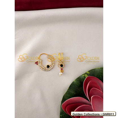 Front view of Stone Nathu Bullaku Nose Ring Set for Goddess Idols 1.25 inches GNR011 from Golden Collections