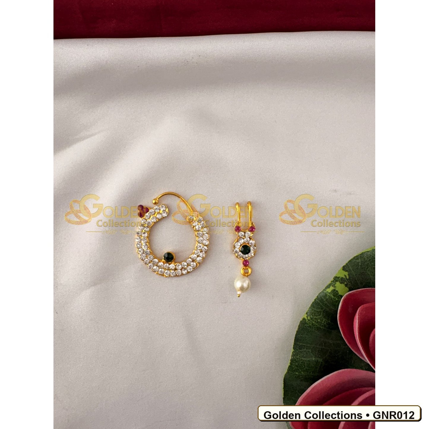 Front view of Stone Nathu Bullaku Nose Ring Set for Goddess Idols 1.5 inches GNR012 from Golden Collections