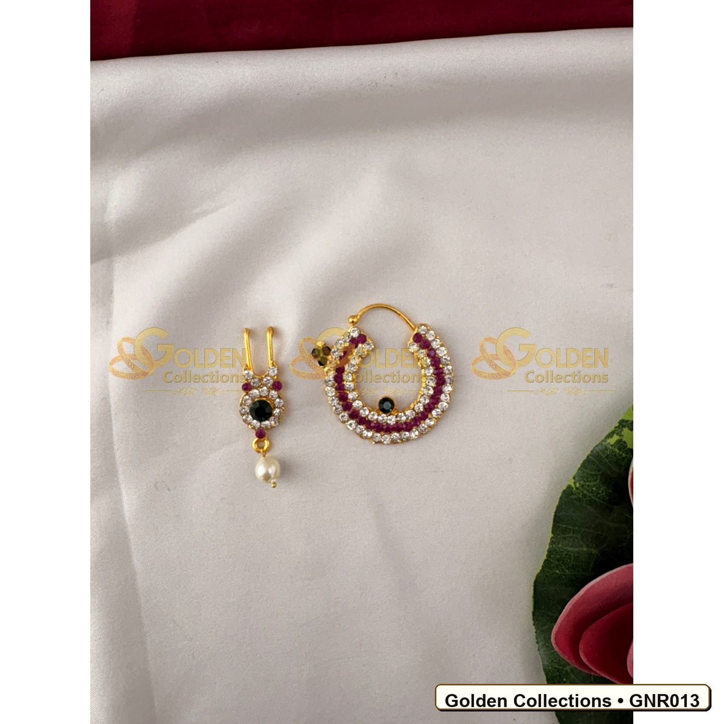 Front view of Stone Nathu Bullaku Nose Ring Set for Goddess Idols 1.5 inches GNR013 from Golden Collections