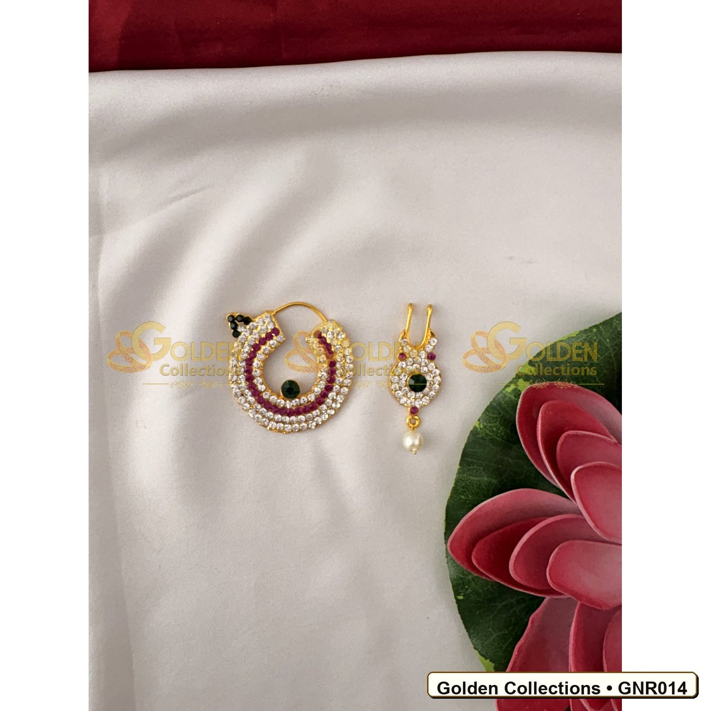Front view of Stone Nathu Bullaku Nose Ring Set for Goddess Idols 2 inches GNR014 from Golden Collections