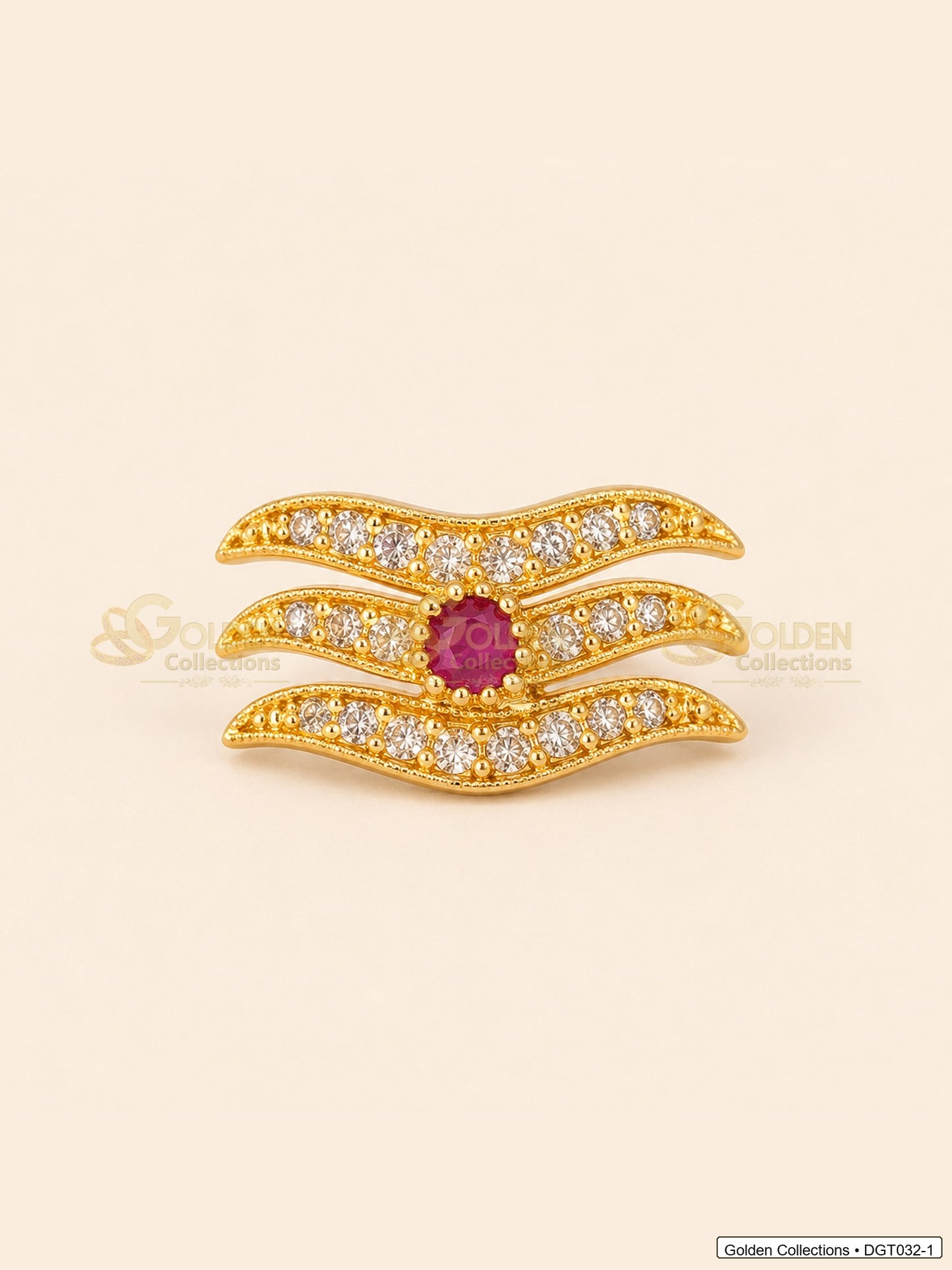 Front view of wave Shiva Tripund tilak bindi with gold tone finish, red center stone and clear CZ-style stones for idol alankaram