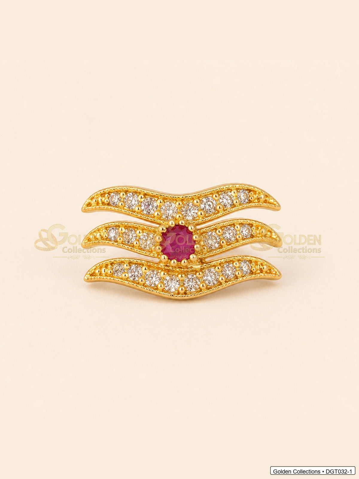 Front view of wave Shiva Tripund tilak bindi with gold tone finish, red center stone and clear CZ-style stones for idol alankaram