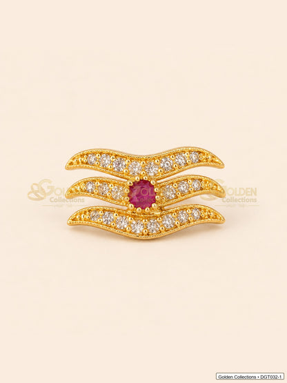 Front view of wave Shiva Tripund tilak bindi with gold tone finish, red center stone and clear CZ-style stones for idol alankaram