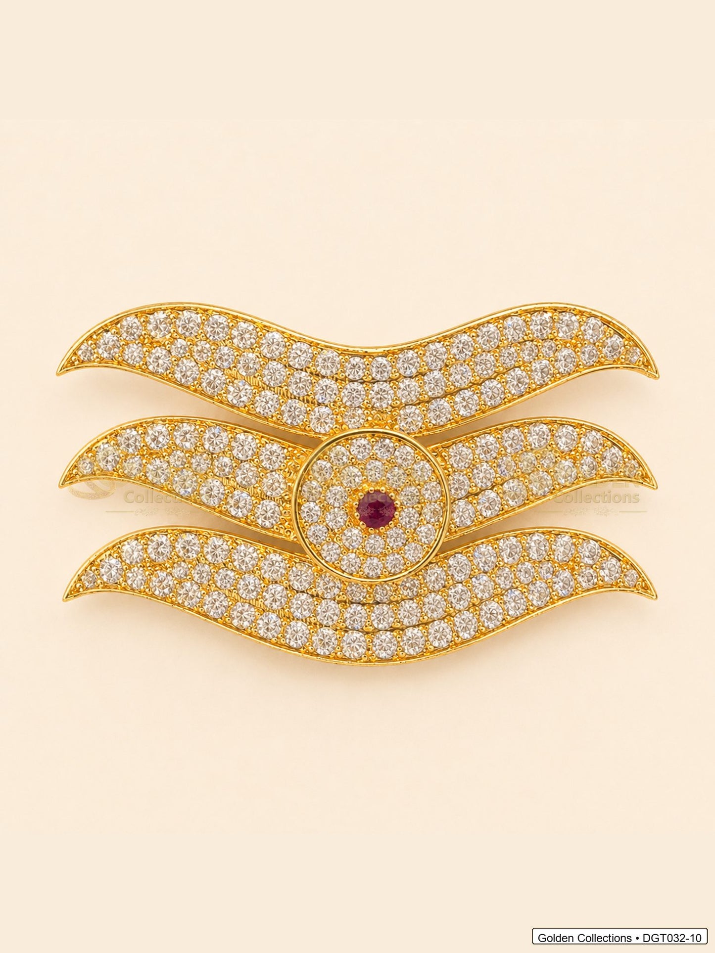 Front view of wave Shiva Tripund tilak bindi with gold tone finish, red center stone and clear CZ-style stones for idol alankaram