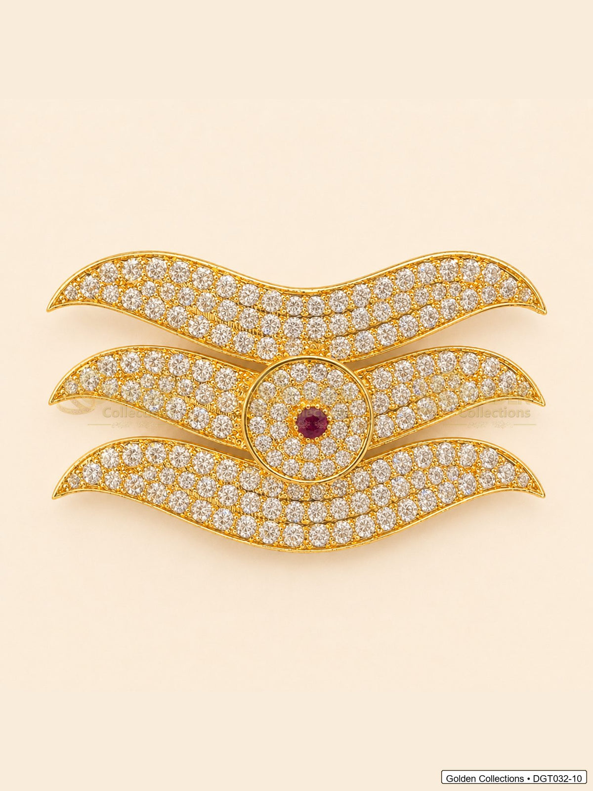 Front view of wave Shiva Tripund tilak bindi with gold tone finish, red center stone and clear CZ-style stones for idol alankaram