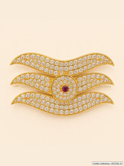 Front view of wave Shiva Tripund tilak bindi with gold tone finish, red center stone and clear CZ-style stones for idol alankaram