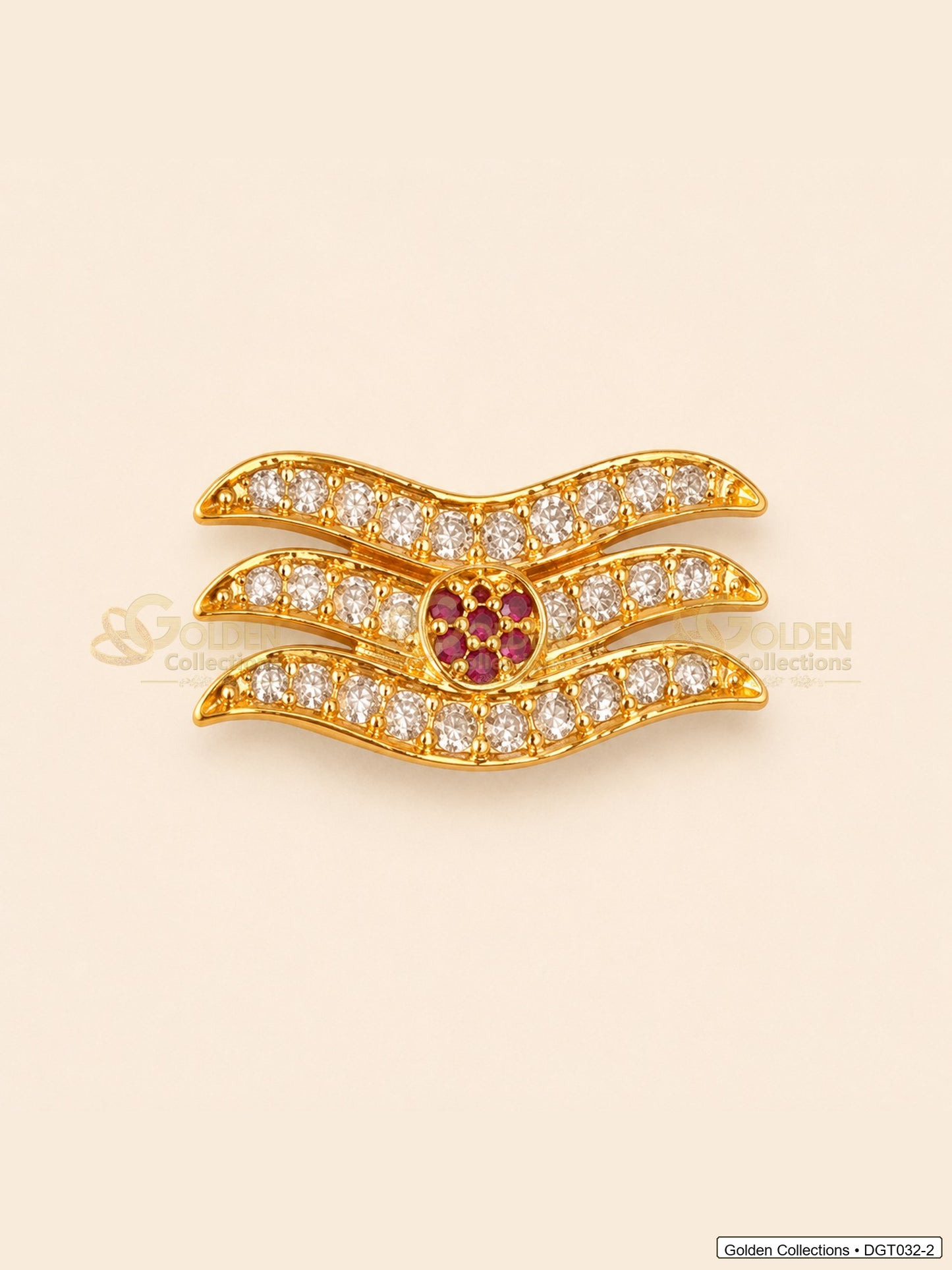Front view of wave Shiva Tripund tilak bindi with gold tone finish, red center stone and clear CZ-style stones for idol alankaram