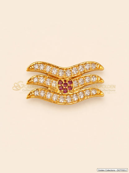 Front view of wave Shiva Tripund tilak bindi with gold tone finish, red center stone and clear CZ-style stones for idol alankaram
