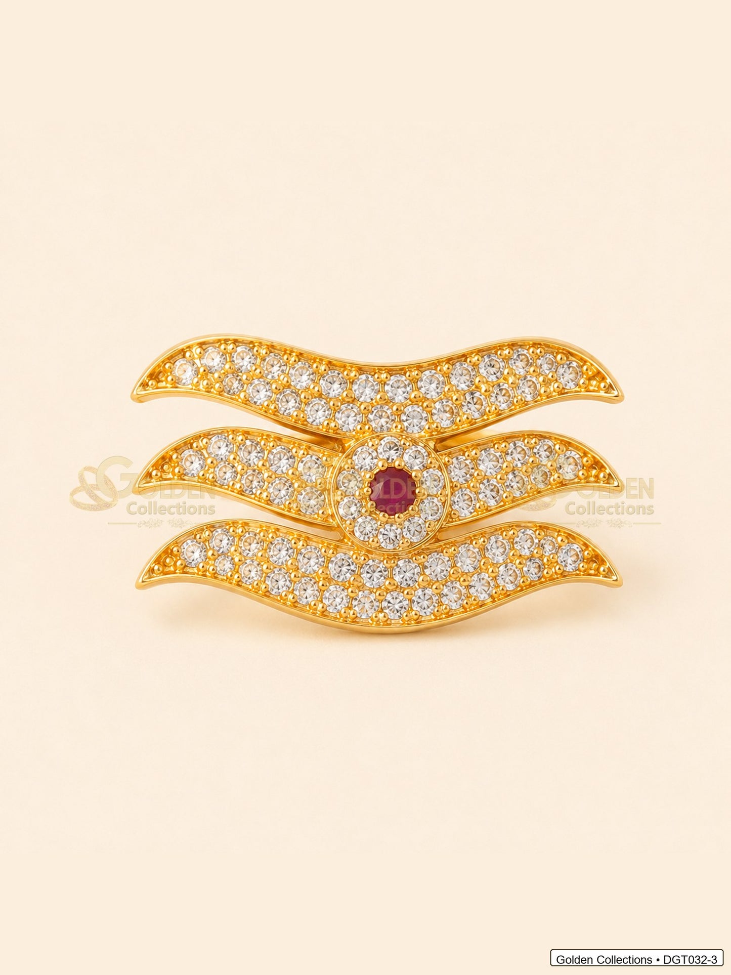Front view of wave Shiva Tripund tilak bindi with gold tone finish, red center stone and clear CZ-style stones for idol alankaram