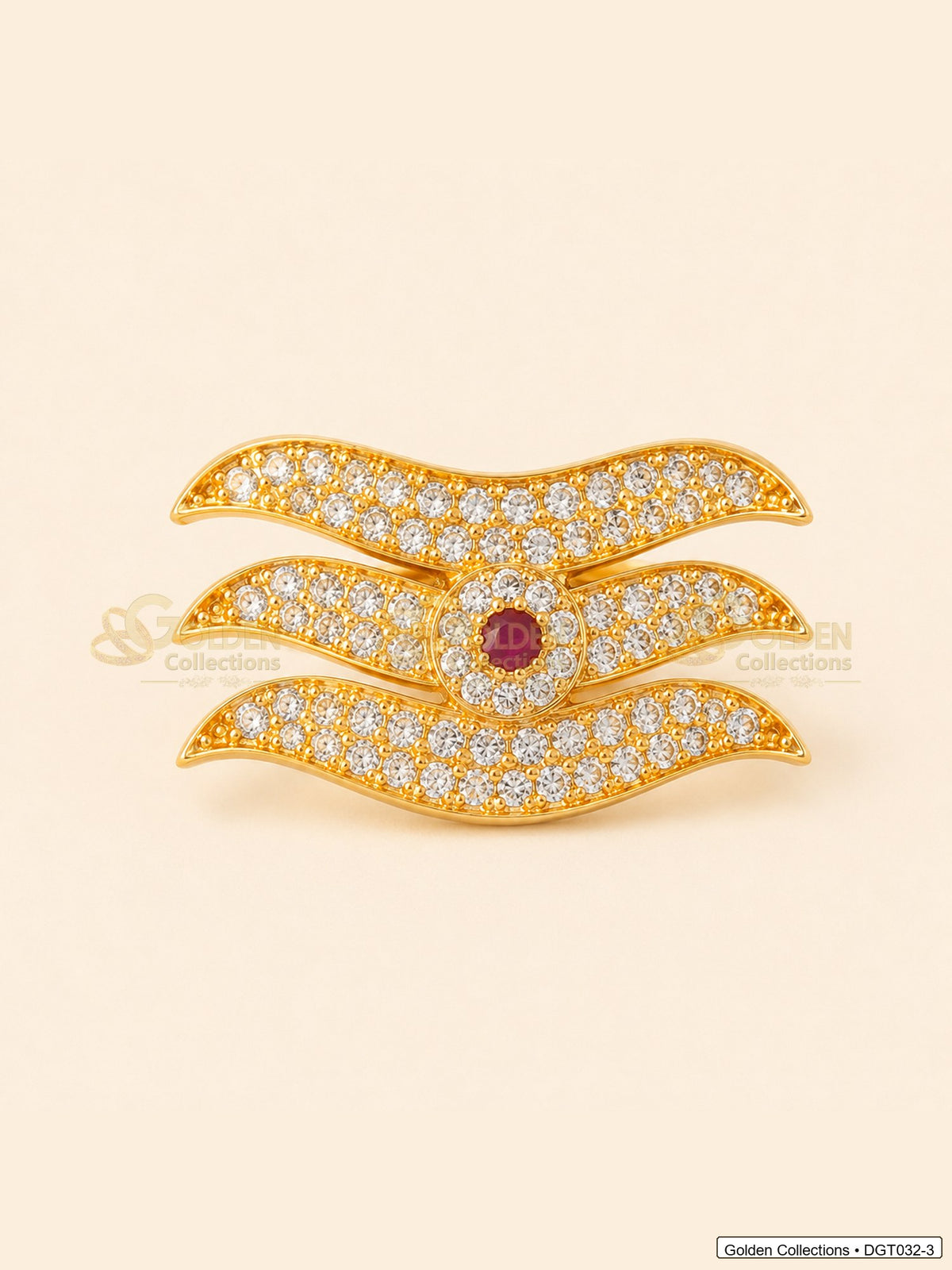 Front view of wave Shiva Tripund tilak bindi with gold tone finish, red center stone and clear CZ-style stones for idol alankaram