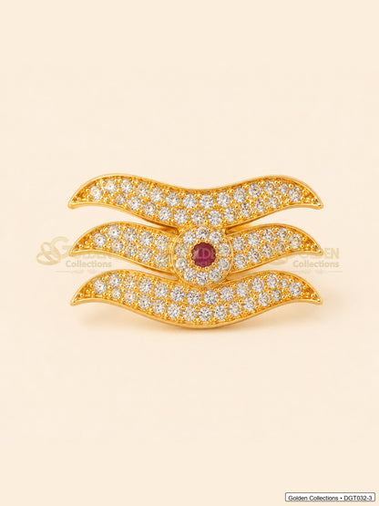 Front view of wave Shiva Tripund tilak bindi with gold tone finish, red center stone and clear CZ-style stones for idol alankaram
