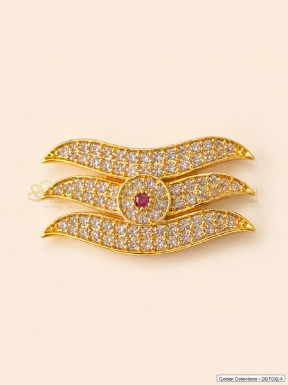 Front view of wave Shiva Tripund tilak bindi with gold tone finish, red center stone and clear CZ-style stones for idol alankaram