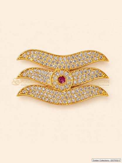Front view of wave Shiva Tripund tilak bindi with gold tone finish, red center stone and clear CZ-style stones for idol alankaram