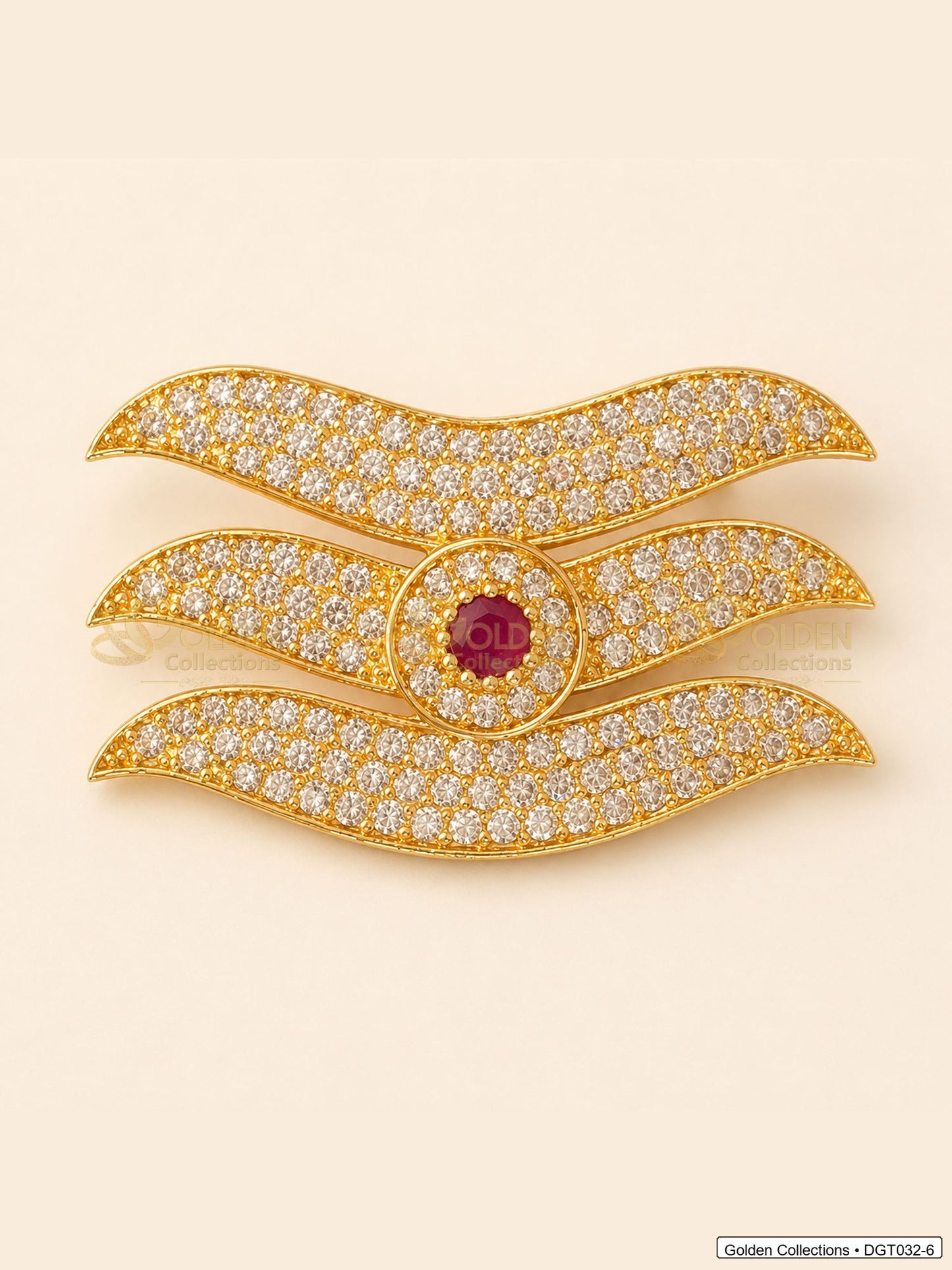 Front view of wave Shiva Tripund tilak bindi with gold tone finish, red center stone and clear CZ-style stones for idol alankaram