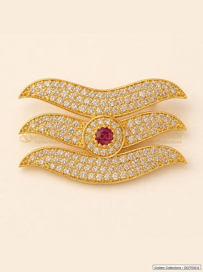 Front view of wave Shiva Tripund tilak bindi with gold tone finish, red center stone and clear CZ-style stones for idol alankaram